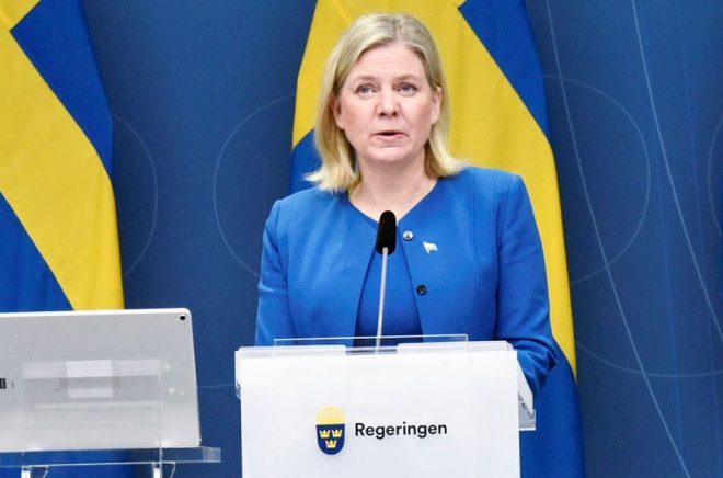 Statsminister Magdalena Andersson (S) vid pressträffen i Rosenbad. Foto: Marko Säävälä /TT.