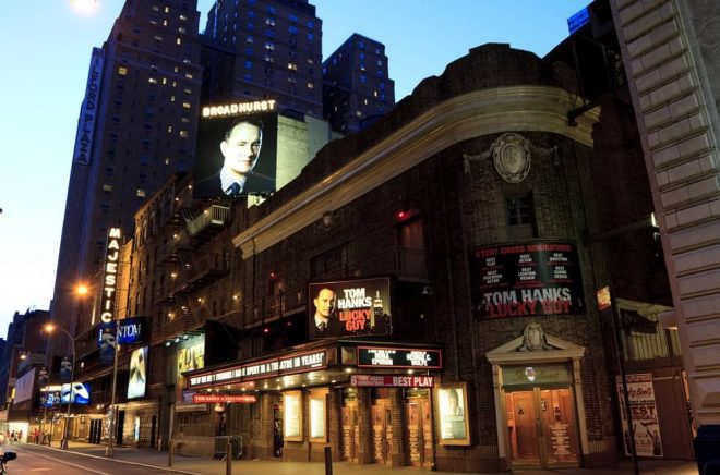 New York City, USA - June 9, 2013: The building of Broadhurst Theatre with the display of Lucky Guy.