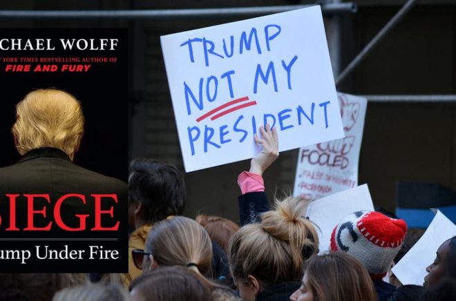 Omslaget till den nya boken av Michael Wolff om Donald Trump. Bakgrundsbilden: protester mot Trump i november 2016. Foto: vivalapenler/iStock.