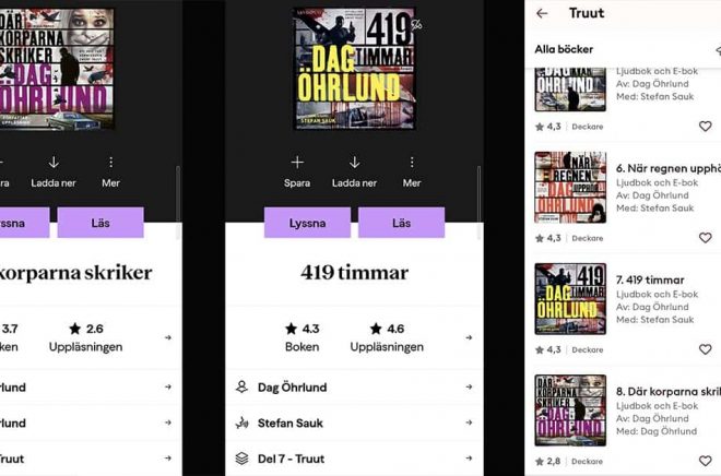 Effekten av att byta inläsare mitt i en serie. Till vänsterer Bookbeat jämförelse av bok sju och åtta, till höger Storytel jämförelse av snittbetyg för böckerna i serien. Montage: Boktugg.