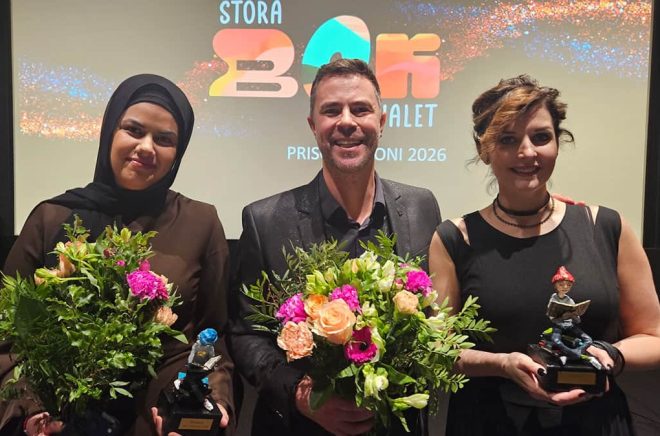 Vinnare i Stora bokvalet 2026: Nora Khalil, Elias Våhlund och Agnes Våhlund. Foto: Rebecca Göransson.