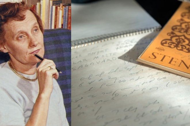 Astrid Lindgren använde stenografi för att skriva sina bokmanus. I ett forskningsprojekt ska hennes stenogramblock transkriberas. Foto till vänxter: Astrid Lindgren omkring 1960/Wikimedia Commons. Foto till höger: Eva Dalin