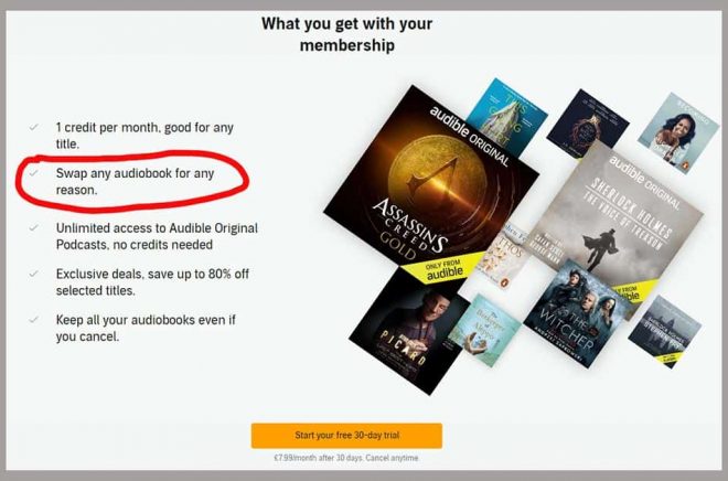 Audible lyfter fram att medlemmar kan byta ut vilken ljudbok oavsett anledning. Något som fått flera författare att protestera eftersom de inte får betalt för returnerade böcker - även om kunden lyssnat på hela boken. Skärmdump från amazon.co.uk