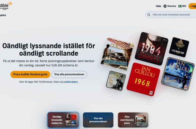 Översättningarna till svenska är nästan klara. Det är svenska titlar, men kanske inte de mest aktuella, som visas på den svenska Audible-sidan som just nu gömmer sig på amazon.de inför den stundande lanseringen i höst. Skärmdump.