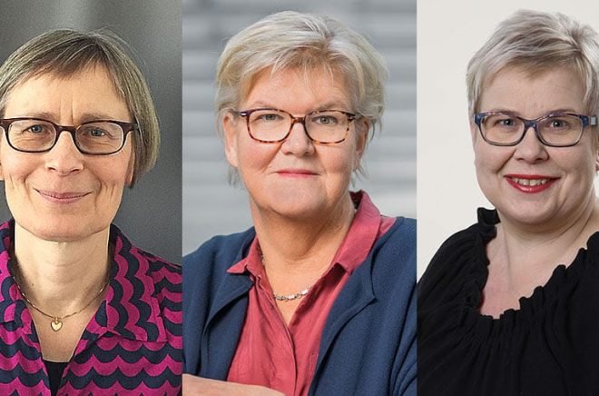Augustjuryernas ordföranden. Gunnel Furuland (foto: Sanja Salcic), Gunilla Herdenberg (foto: Jann Lipka) och Mia Österlund (foto: Rolf Niskanen).