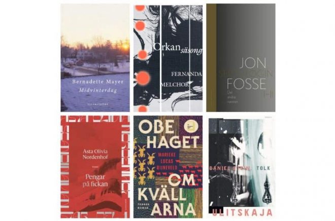 Sex översättningar till svenska är nominerade till priset Årets översättning. Foto: Ellerströms, Tranan, Albert Bonniers förlag, Norstedts, Tranan, Ersatz.
