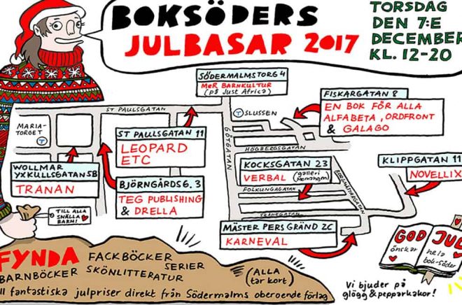 Bazar bland bokförlag på Söder i Stockholm 2017. Illustratör: Elin Lucassi