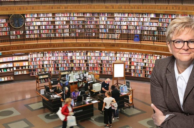 Karin Linder, generalsekreterare för Svensk biblioteksförening (foto: Elisabeth Ohlson) efterlyser tydliga besked från regeringen om bibliotekens öppethållande. Stockholms stadsbibliotek (foto: iStock) är ett av många som stängde efter regeringens presskonferens. Montage: Boktugg.