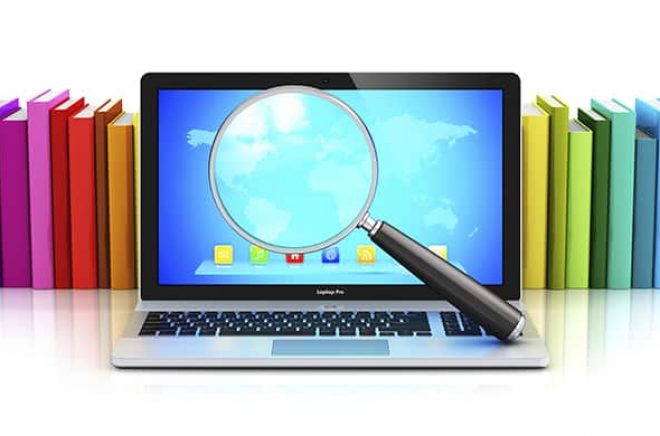 Creative abstract mobile knowledge, school or college education, business office work, information data search and database electronic print media concept: magnifying glass loupe or magnifier, laptop or notebook with color screen interface with icons and buttons in front of row of colorful hardcover books isolated on white background with reflection effect