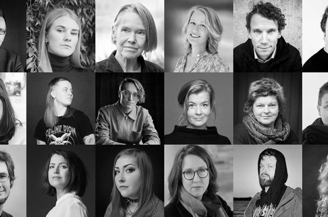 Några av de medverkande på Bokström 2020. Fr v: Aapo Roselius, Hanna Ylöstalo, Merete Mazzarella, Sofia Torvalds, Juha Itkonen, Kjell Westö, Jenny Lucander, Edith Hammar, Axel Åhman, Jeanette Björkqvist, Agneta Enckell, Katarina Gäddnäs, Fredrik Sonck, Eva Frantz, Rosanna Fellman, Charlotta Buxton, Johannes Ekholm, Josefin Sonck. Foto: Pressbild/SLS