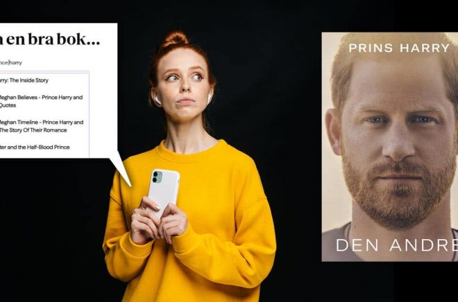 Nej, inte ens på engelska kan man hitta prins Harrys nya bok på Bookbeat. Ljudboken kommer inte alls på svenska och eboken stoppas från prenumerationstjänsterna. Foto: iStock. Montage: Boktugg.