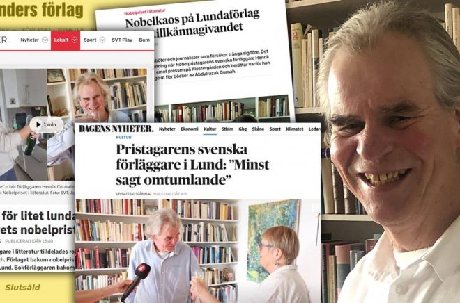 Tv och tidningar dök upp hemma hos Henrik Celander och hustrun Lena Andersson igår efter att det stod klart att Celanders förlag hade gett ut en Nobelpristagare. Foto: Privat. Montage: Boktugg.