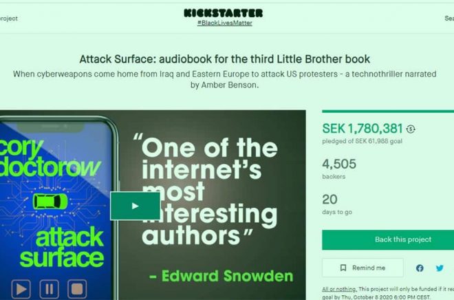 Författaren Cory Doctorow använder en Kickstarter för att sälja sin ljudbok - men också för att utmana Audibles dominans på marknaden. Bild: Skärmdump.