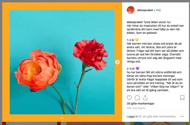 Skärmklipp från Instagramkontot Dela Språket. Genom kontot vill Region Halland skapa nya språkträningsvanor hos vuxna med småbarn.