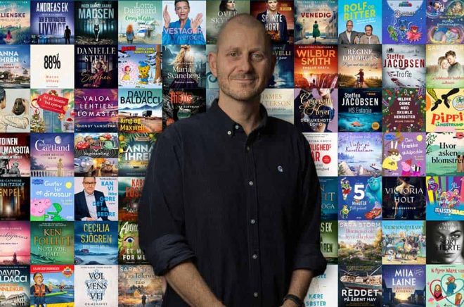 Lasse Korsemann Horne, Publishing Director på Saga Egmont och en del av de 25 000 ljudböcker som förlaget erbjuder via Spotify. Pressbilder. Montage: Boktugg.