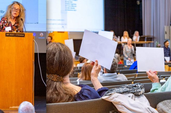 Grethe Rottböll, förbundsordförande. 
Alla val skedde genom höjning av numrerade röstkort. Siffrorna användes också för att föra talarlistor. Foto: Kristina Svensson.