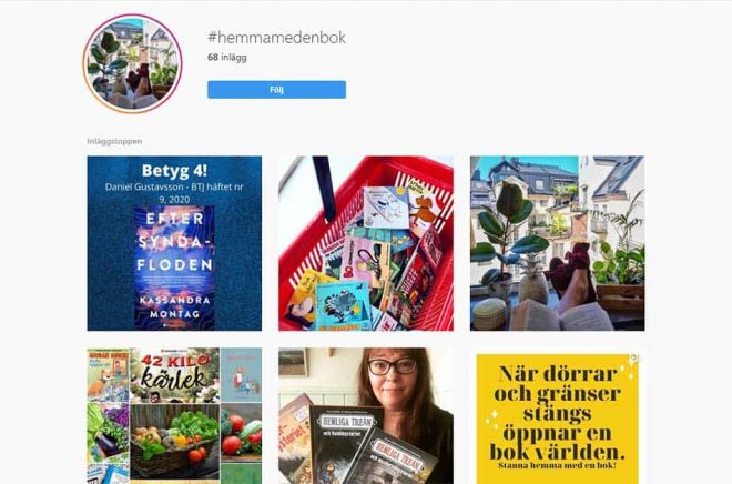 #hemmamedenbok är det allt fler som är och vill visa sitt stöd för bokhandlare, förlag och författare genom att läsa en bok (och kanske gärna köpa den i sin lokala bokhandel). Foto: Skärmdump Instagram.