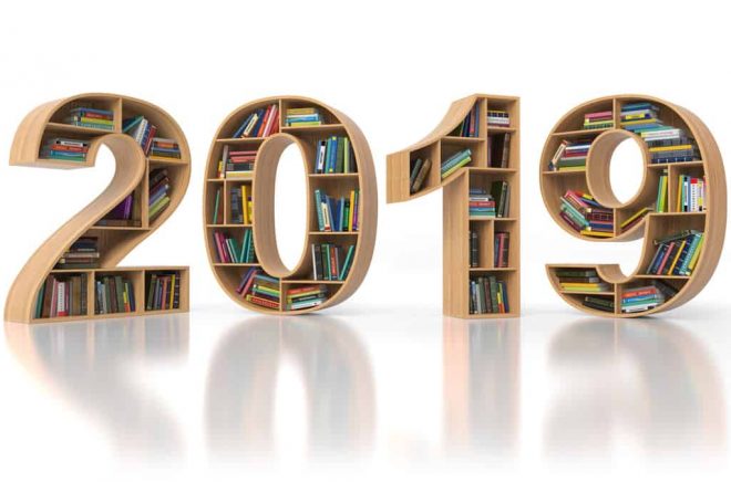 2019 new year education concept. Bookshelvs with books in the form of text 2019.