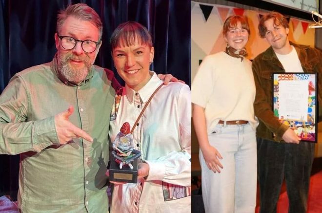Idusförfattarna Erik och Mikaela Wennstam samt Johan Persson vann priser förra veckan. Pressbilder: Idus Förlag.