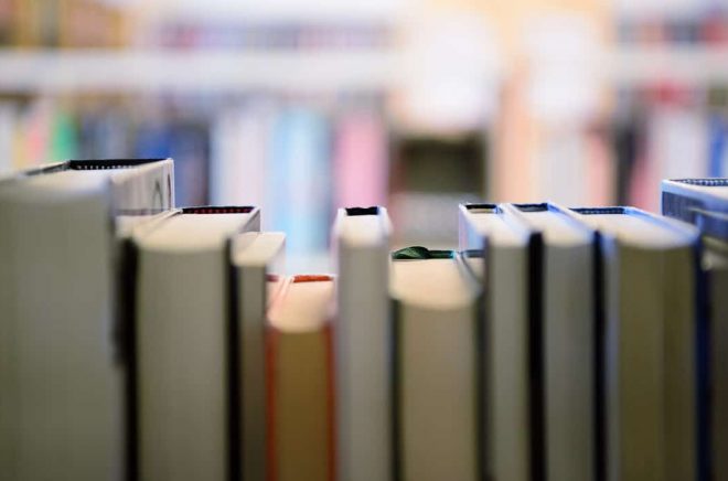 Public library bookshelf seen from inside