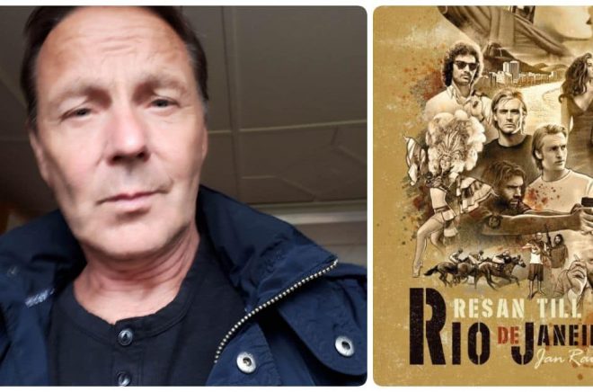 Jan Raumer är förtjust i gamla filmaffischer från Hollywood och det har inspirerat omslaget till debutromanen Resan till Rio de Janeiro. Foto: Privat