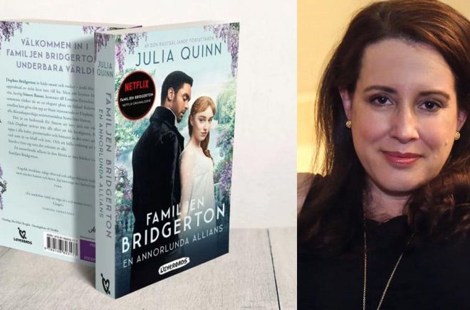 Lagom till Netflixpremiären släppte Lovereads Familjen Brigerton-boken den baseras på med nytt tv-serie-omslag. Foto: Pressbild. Till höger författaren Julia Quinn. Foto: Roberto Filho.