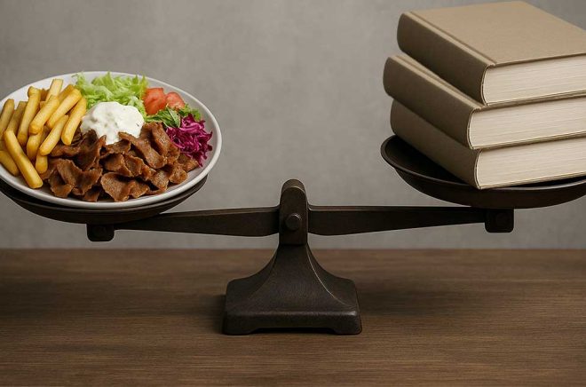 En genomsnittlig lunch i Sverige genererar lika mycket utsläpp som tre tryckta böcker. Bilden är AI-genererad med ChatGPT och har ett klimatavtryck på ungefär 5 gram CO₂e med itereringar.