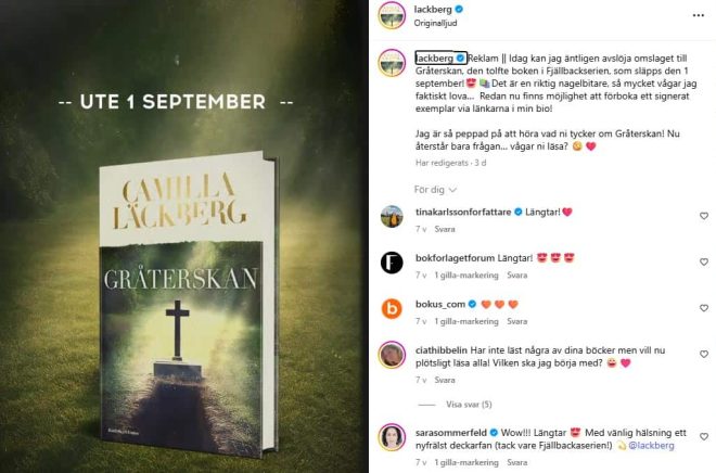Ett numera korrekt reklammärkt inlägg på Instagram från Camilla Läckberg. Någon anmälde det till Konsumentverket för smygreklam. Så rådet till författare är att lägga till ordet reklam när ni postar nya omslagsbilder på era böcker ...
