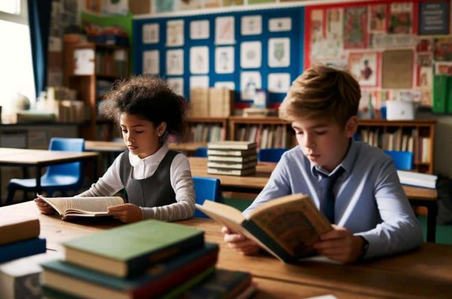 Mer tid för läsning av längre texter i skolan efterlyser det nyinstiftade Expertrådet för läsning. Illustration: Dall-E.