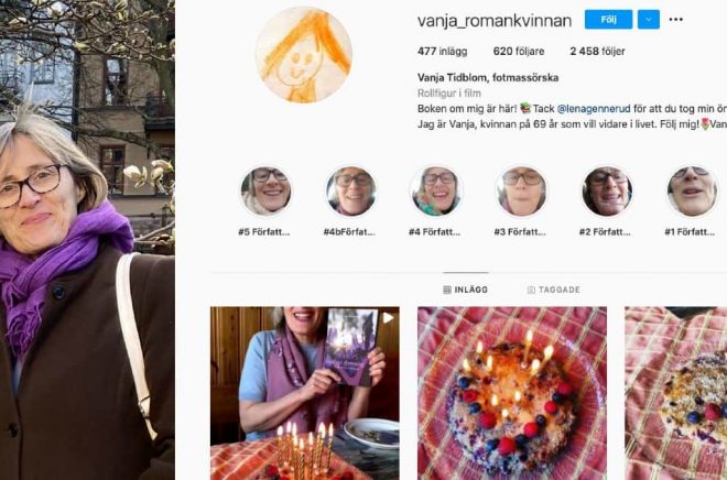 Lena Gennerud lät sin karaktär Vanja få liv i sociala medier som en del i skapandeprocessen. Foto: Privat. Bakgrund: Vanjas Instagram