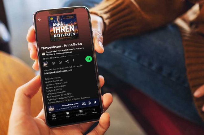 Ljudboksreklam på Spotify som leder bort från Spotify. Dessutom dyker de upp när användare söker efter den riktiga ljudboken. Foto: iStock. Montage: Boktugg.