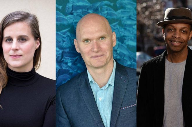 Lauren Groff (foto: Eli Sinkus), Anthony Doerr (foto: Ulf Andersen) och Robert Jones (foto: Alberto Vargas) är alla finalister i National Book Awards 2021.