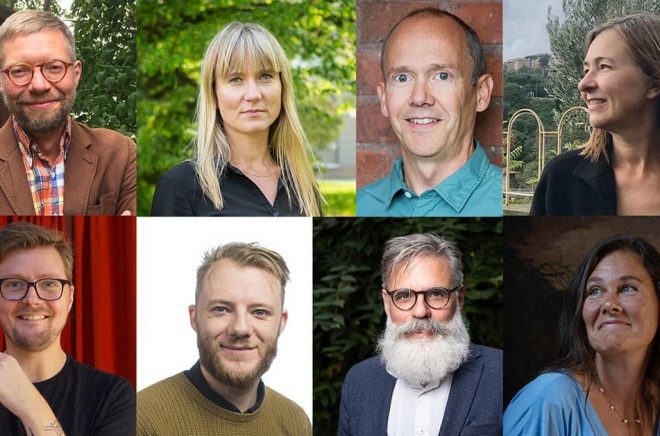 Alexander Andrée, Frida Beckman, Per Högselius, Solveig Jülich, Gustav Källstrand, Mattis Karlsson, Christer Mattsson och Karin Milles tilldelas Natur & Kulturs populärvetenskapliga arbetsstipendium 2022. Foto: Pressbilder via NOK.