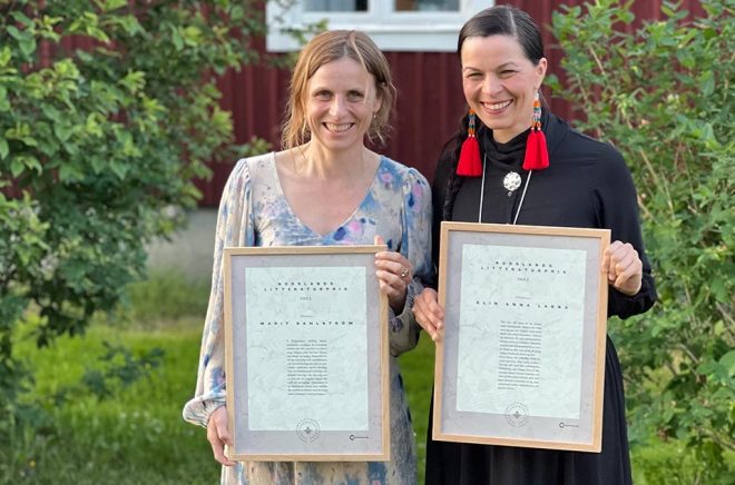 Vinnare av Norrlands litteraturpris 2025 blev Marit Sahlström och Elin Anna Labba.  Pressbild.