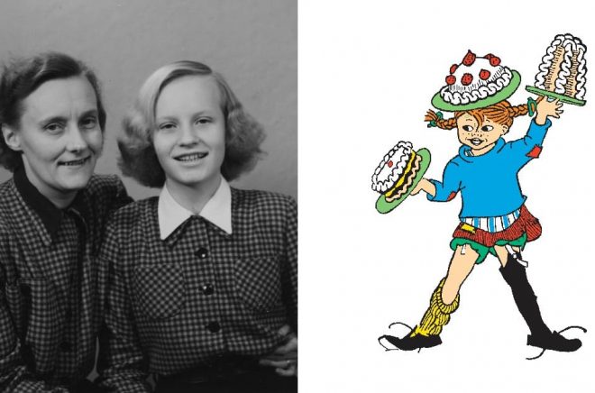 Astrid Lindgren och hennes dotter Karin, 1948 (foto: Privat/Astrid Lindgren Aktiebolag). Illustration av Ingrid Vang Nyman (källa: The Astrid Lindgren Company).
