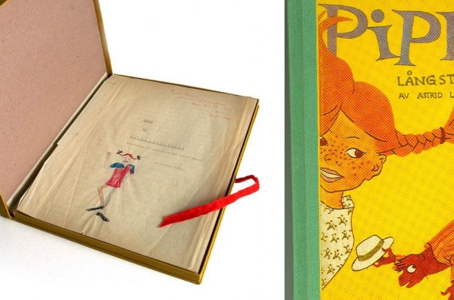 Urmanuset till Pippi som Astrid Lindgrens dotter Karin fick i födelsedagspresent (foto:  Jacob Forsell) och en tidig upplaga av den första boken om Pippi Långstrump (foto: Astrid Lindgren Aktiebolag).