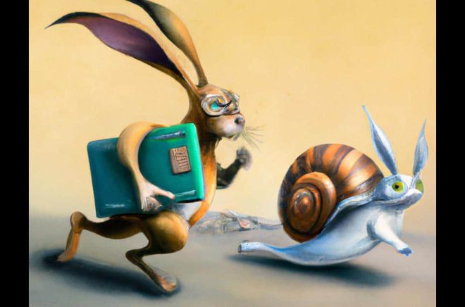 Haren och snigeln? Snabba och långsamma författare. Bild: DALL-E.