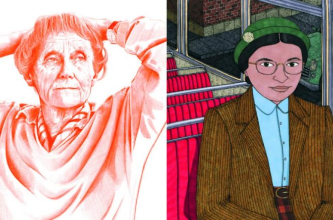 Illustrationer: Ur boken Godnattsagor för Rebelltjejer (Max Ström), Astrid Lindgren och Rosa Parks.