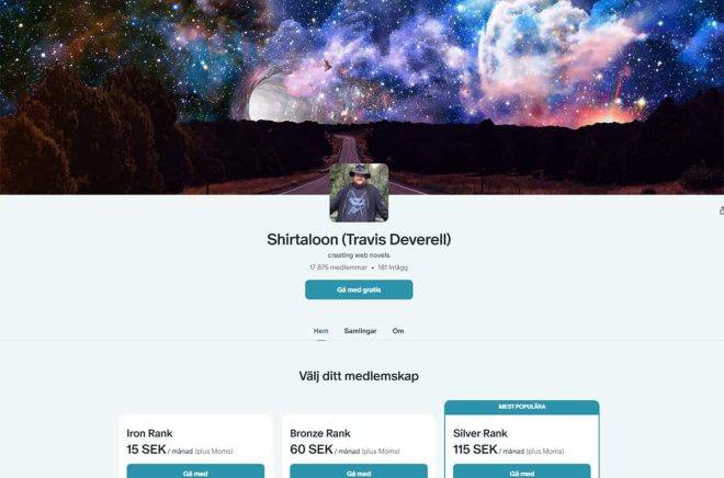 Patreonsida för en av de mest framgångsrika LitRPG-författarna: Shirtaloon.