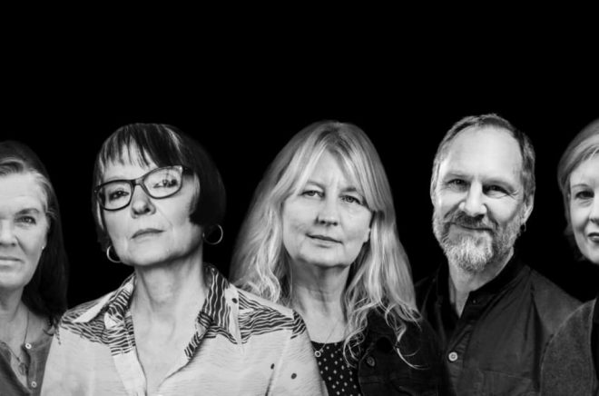 Författare som gästar Sigtuna Litteraturfestival 2020. Från vänster: Maja Hagerman, Anneli Jordahl, Karin Smirnoff, Per Gustavsson och Linda Skugge. Foto: Pressbild