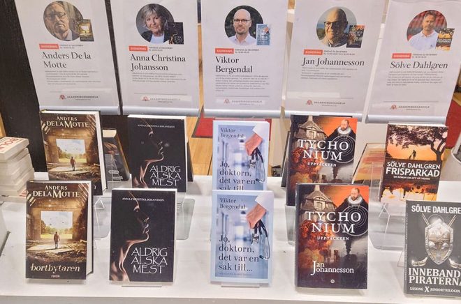 En positiv bieffekt av en signering för författare och förlag är att böckerna exponeras i butiken inför besöket - ibland till och med i skyltfönstret. Här Akademibokhandeln i Helsingborg med flera lokala författare. Foto: Boktugg.