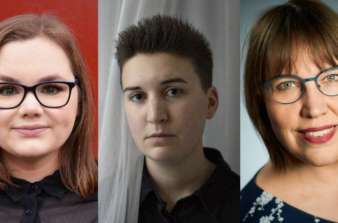 Yrsa Walldén, Lisa Lundmark (foto: Sara Mac Key) och Angelica Öhrn är nominerade till Slangbellan 2018.