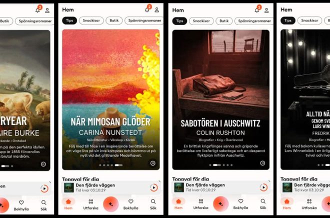 Fyra exempel på titlar som synts på bästa exponeringsplats i Storytels app den senaste tiden där nu även icke Storytelägda förlag fått utrymme.  Yesteryear (Polaris), När mimosan glöder (Bookmark), Sabotören i Auschwitz (Nona) och Alltid nästan där : genom Sverige med Lars Winnerbäck (Mondial). Skärmdumpar: Boktugg.