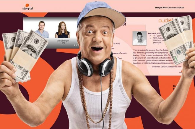 Storytel betalar cash för köpet av Audiobooks.com. Kanske inte med sedlar men ... Foto: iStock. Montage: Boktugg. Killen med sedelbuntarna har ingen koppling till Storytel eller Audiobooks.com.