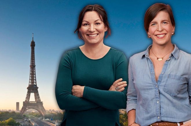 Storytel goes to France. Från vänster: Eiffeltornet (foto: iStock), Helena Gustafsson och Constance Parpoil (foto: Mattias Barda).
