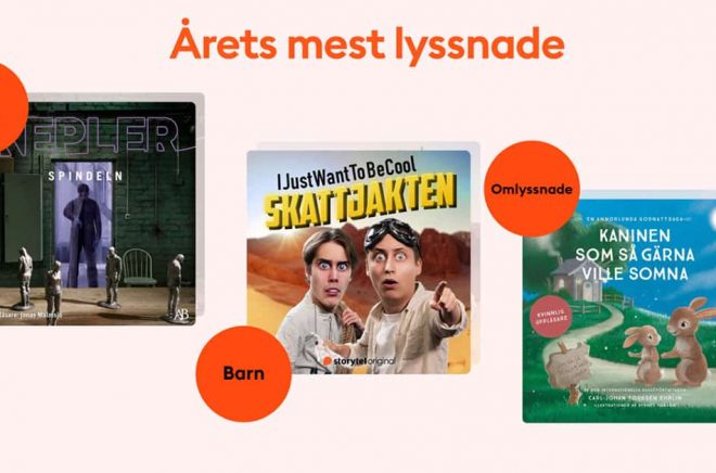 Några av de böcker som toppade listorna över mest lyssnade på Storytel 2022. Pressbild.