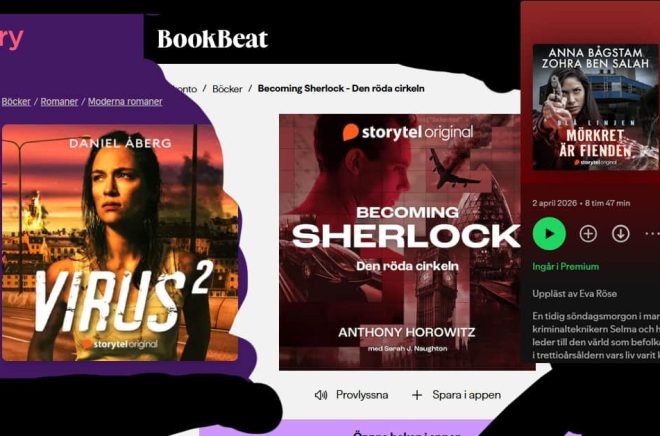 Storytel Original-titlar finns nu hos konkurrerande streamingtjänster som Bookbeat, Nextory och även Spotify. Montage: Boktugg.