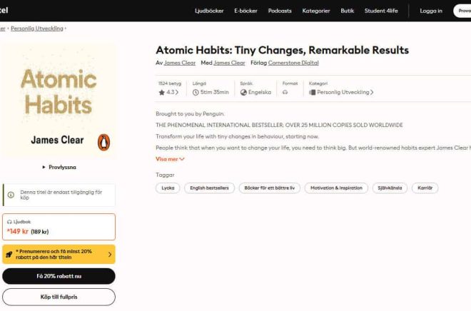 Bästsäljaren Atomic Habits av James Clear är en av de titlar som Storytels kunder nu får tillgång till - om de köper den via den nya styckförsäljningen. Skärmdump.