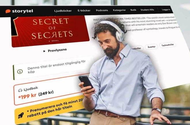 Storytel satsar på styckförsäljning av engelskspråkiga titlar som Dan Browns nya The Secret of Secrets. Foto: iStock. Montage: Boktugg.