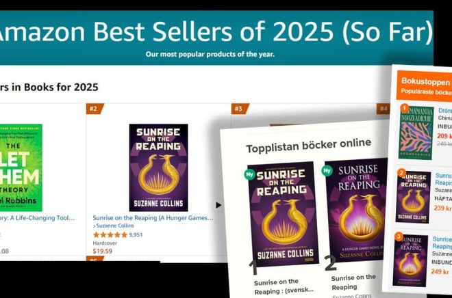 Suzanne Collins har en ny försäljningsframgång med femte boken i Hungerspelen-serien som ligger högt på topplistorna i både Sverige och USA. Montage: Boktugg.